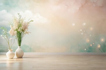 Wall Mural - Serene Interior Design Featuring Pastel Wall and Elegant Flower Arrangements in Ceramic Vases