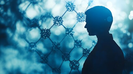 Poster - Silhouette of Person with Abstract Network Nodes in Blue Light