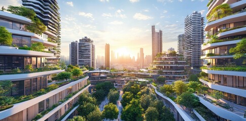 Wall Mural - Green urban oasis with futuristic architecture at sunrise