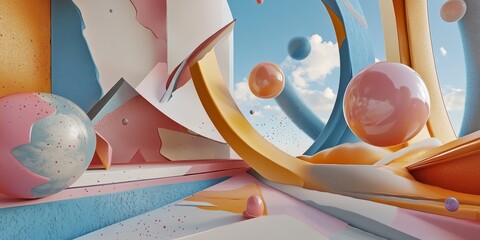 Poster - abstract scene where 3D illusions are incorporated into a refined composition, blending various shapes and colors to create a modern and engaging visual effect