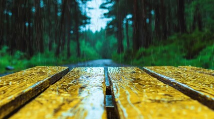 Canvas Print - Wet Yellow Wooden Bench in a Rain Forest