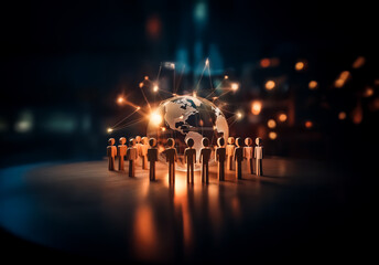 Leinwandbilder - A group of wooden figures encircles a glowing globe, interconnected with bright lines against a dark, blurred backdrop, symbolizing global network and unity.