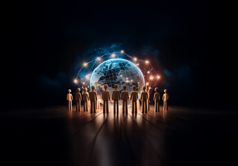 Poster - Silhouetted people face a glowing globe encircled by interconnected dots, symbolizing global network and connection in a dark space.