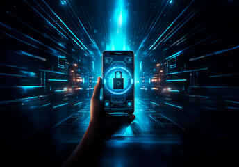 Aufkleber - Hand holds glowing smartphone displaying padlock icon. Cybernetic blue light streaks and digital patterns surround the secure mobile device, suggesting data protection.