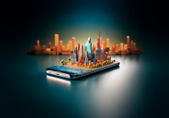 Poster - A vibrant miniature city rests atop a sleek smartphone, illuminated against a blurred backdrop.  Colorful buildings and lush greenery create a modern urban scene, blending digital tech with architectu