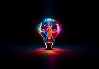 Poster - Glowing lightbulb with vibrant colorful lines inside on a dark background. Abstract design representing idea generation and innovation.