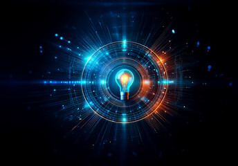 Leinwandbilder - A glowing lightbulb is centrally positioned within a futuristic circular design, radiating blue and orange light beams in a high-tech style against a dark backdrop.