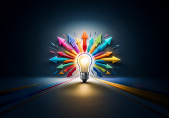 Poster - Bright light radiates from a central lightbulb, surrounded by a burst of colorful arrows pointing outwards on a dark backdrop, symbolizing innovation and divergent ideas.