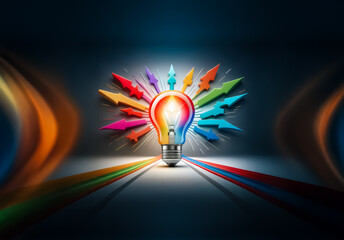 Aufkleber - A radiant light bulb emits bright light with colorful arrows pointing outwards, illustrating ideas spreading in different directions. Dynamic light trails enhance the concept of creative inspiration.