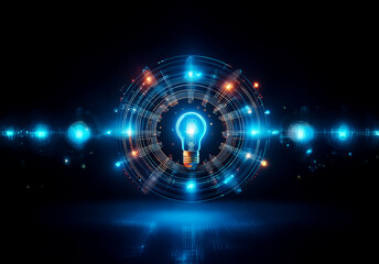Poster - Glowing light bulb surrounded by vibrant circles and dots against a dark backdrop.  Illuminating design with a futuristic and technological feel, casting a bright reflection.