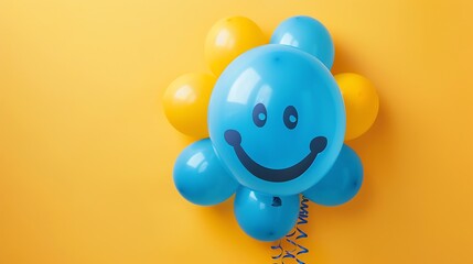 Wall Mural - blue and yellow balloons in the form of a flower on a yellow background. the middle balloon is large