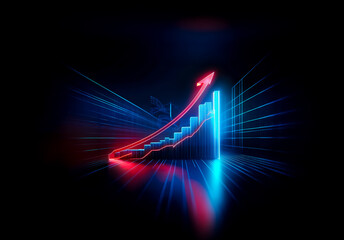 Poster - Neon red arrow ascends over blue bar chart, symbolizing growth and success against a dark backdrop. A futuristic business concept.