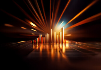 Leinwandbilder - Abstract golden bars ascend in a row, illuminated by radiating light streaks on a dark backdrop, creating a dynamic visual.