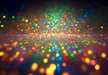 Poster - Festive atmosphere with vibrant bokeh lights. Colorful and blurred, scattered lights evoke energy and movement. Dazzling bright spectacle.