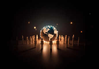 Fototapete - People figures encircle a bright, illuminated globe in the dark. Warm light evokes global unity and connection among a collective group.