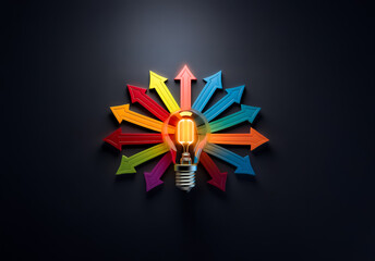 Poster - Glowing lightbulb at center with colorful arrows pointing in various directions on dark backdrop, symbolizing ideas and choices.