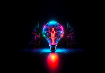 Poster - A vibrant neon lightbulb with a circuit board design glows against a dark backdrop, casting a colorful reflection.  Illuminated technology represents innovation and bright ideas.