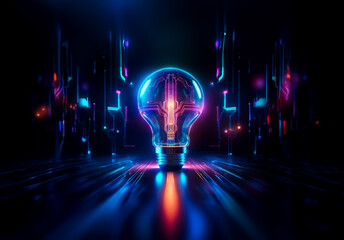 Fototapete - A glowing lightbulb with circuit patterns radiates neon light in a dark, futuristic setting. Illuminated paths enhance the tech-inspired abstract scene.