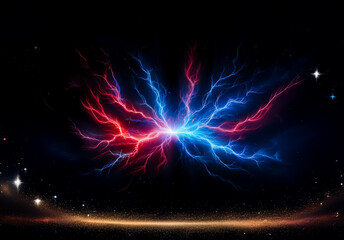 Fototapete - Dramatic display of red and blue lightning bolts erupting against a dark cosmic backdrop with sparkling stars and a golden glittering base.