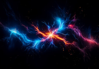 Aufkleber - Vibrant energy bursts from a central point, radiating blue and red streams against a stark black background, creating an abstract cosmic effect.