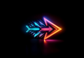 Poster - Vibrant neon arrow with dynamic motion effect, glowing with blue, pink, and orange hues against a dark backdrop. Pointing right, it suggests direction and futuristic style.
