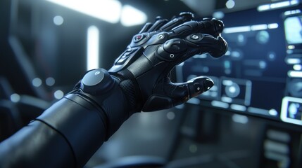 Cybernetic Hand Interacting with Futuristic Interface