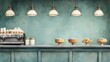 © MiddleMay - A cozy cafe scene featuring a vintage espresso machine and an array of delicious pastries under warm hanging lights against a blue-green wall.