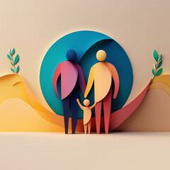 Wall Mural - LGBTQ family in bright colours, paper cut illustration,  2 dads one child