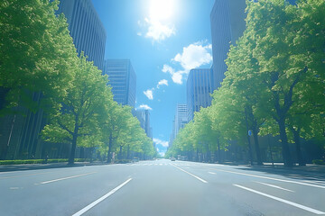 sunny city street, green trees, buildings, clear sky