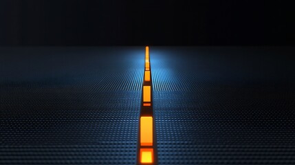 Sticker - Glowing orange path dramatically stretches towards a bright light subtly illuminating a dark blue grid. AI Generated