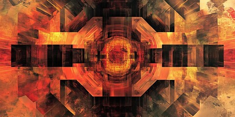 Poster - an abstract visual with layered geometric patterns that create a sense of rhythm and flow, employing a rich color scheme and varied shapes to produce a visually complex a