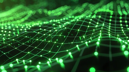 Wall Mural - abstract glowing green wave. futuristic green grid. digital landscape.