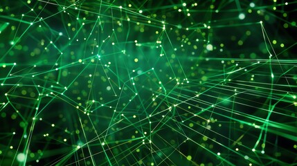 Wall Mural - glowing green dots and lines form an abstract network. the background is dark. the image is reminisc
