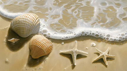 Wall Mural - Seashells and starfish on sandy beach with gentle waves lapping at shore, creating serene coastal scene