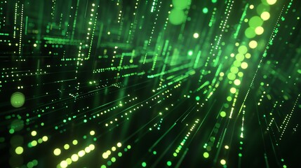 Wall Mural - 3d rendering of glowing green particles moving in a grid-like pattern against a black background.