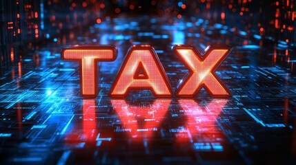 Digital representation of tax concept with neon letters on a tech background.