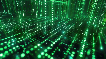 Wall Mural - abstract background of glowing green dots and lines forming a digital landscape. futuristic technolo