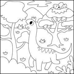 Poster - Vector square black and white scene with brachiosaur eating leaves from high tree. Dinosaur line landscape illustration. Cute prehistoric coloring page with mountains, forest, tree