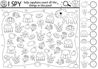 Wall Mural - Capybara black and white I spy game for kids. Searching and counting line activity with cute animals in pond or lake. Capibara printable worksheet for preschool children. Spotting puzzle with frog