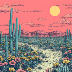 Wall Mural - vibrant desert landscape features tall cacti and colorful flowers under pastel pink sky. sun sets behind distant mountains, creating serene and picturesque scene