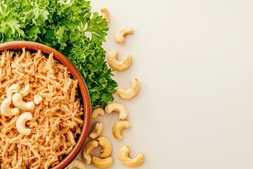 Wall Mural - Sustainable alternative plant-based vegan protein and raw food ingredient concept. Bowl of crispy snacks with fresh herbs and cashews on a light background