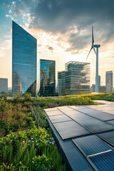 Wall Mural - Sustainable urban development with green roofs and solar panels