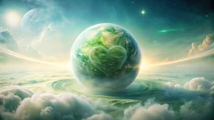 Wall Mural - A celestial sphere, adrift in a sea of clouds, displays a vibrant heart-shaped impression, symbolizing universal love and interconnectedness within a fantastical cosmos.