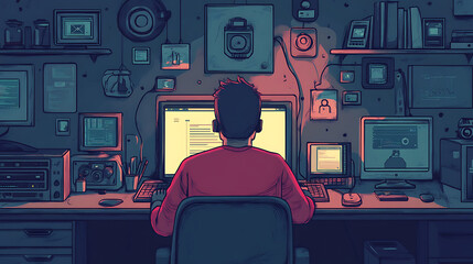Ransomware threat: Hacker in laptop with icons. Cartoon vector, flat design. Computer security illustration. 