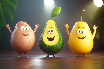 Three 3D characters outdoors, a silly potato, a smart avocado and a confident mango standing under spotlights