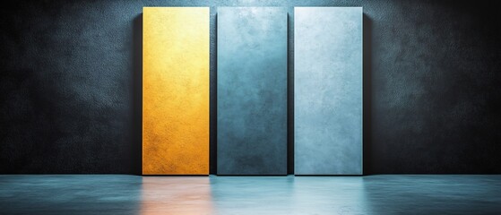 Canvas Print - Dramatic three panels subtly reflect cool light against dark wall background. AI Generated