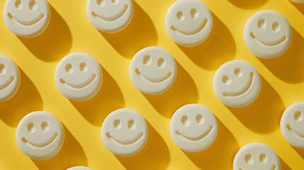 Wall Mural - 3d rendering of a repeating pattern of white happy face emojis on a yellow background. the emojis ar