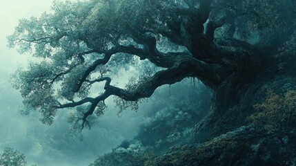 Poster - Enigmatic Ancient Tree in Misty Forest