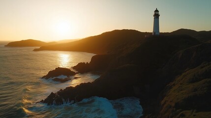 Wall Mural - A sunset view of a lighthouse standing tall on a rugged coastline, bathed in warm light.