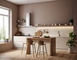 © Illustration - Modern Kitchen interior with empty blank wall for mockup template display. 3D Rendering